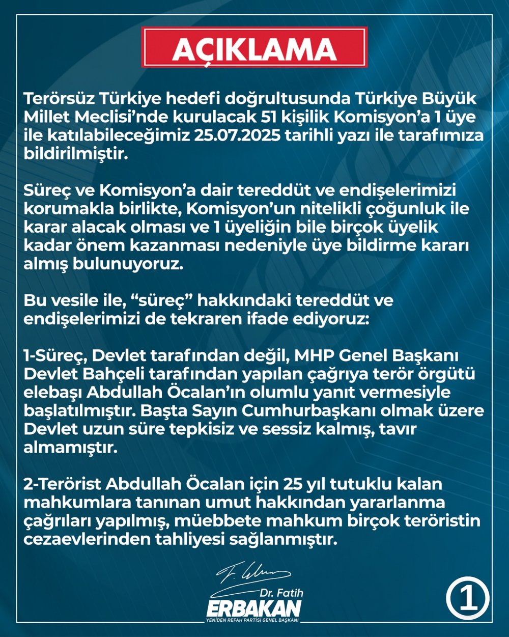 Terörsüz Türkiye hedefi doğrultusunda Türkiye Büyük Millet Meclisi’nde kurulacak 51 kişilik Komisyon’a 1 üye ile katılabileceğimiz 25.07.2025 tarihli yazı ile tarafımıza bildirilmiştir. Terörsüz Türkiye hedefi doğrultusunda Türkiye Büyük Millet Meclisi’nde kurulacak 51 kişilik Komisyon’a 1 üye ile katılabileceğimiz 25.07.2025 tarihli yazı ile tarafımıza bildirilmiştir.